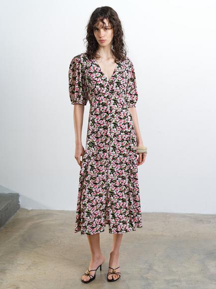 French Connection Molly Lizzie Floral Tea Dress containing LENZING™ ECOVERO™ Viscose, Black/Multi, Black/Multi