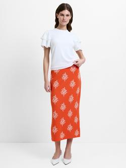 French Connection Imelda Ditsy Floral Knit Midi Skirt, Orange/Multi, Orange/Multi