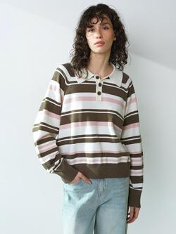 French Connection Yaz Stripe Rugby Shirt, Khaki/Multi, Khaki/Multi