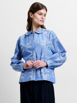 French Connection Grayson Peter Pan Collar Embroidered Top, Blue/White, Blue/White