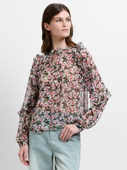 French Connection Molly Ruffle Floral Sheer Top, Black/Multi, Black/Multi