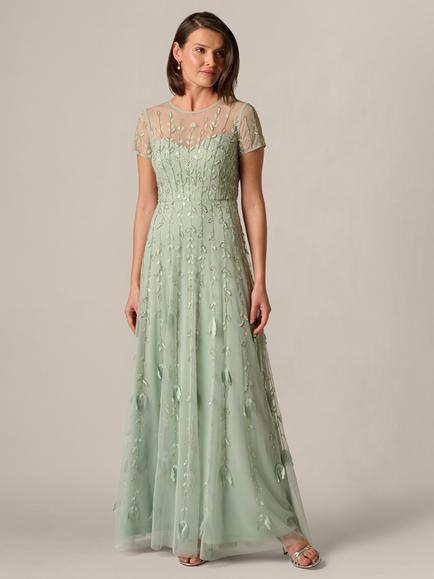 Adrianna Papell Mesh Overlay Beaded Maxi Dress, Icy Sage, Icy Sage