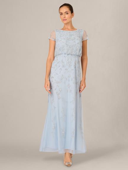 Adrianna Papell Petite Studio Floral Beaded Maxi Dress, Elegant Sky, Elegant Sky