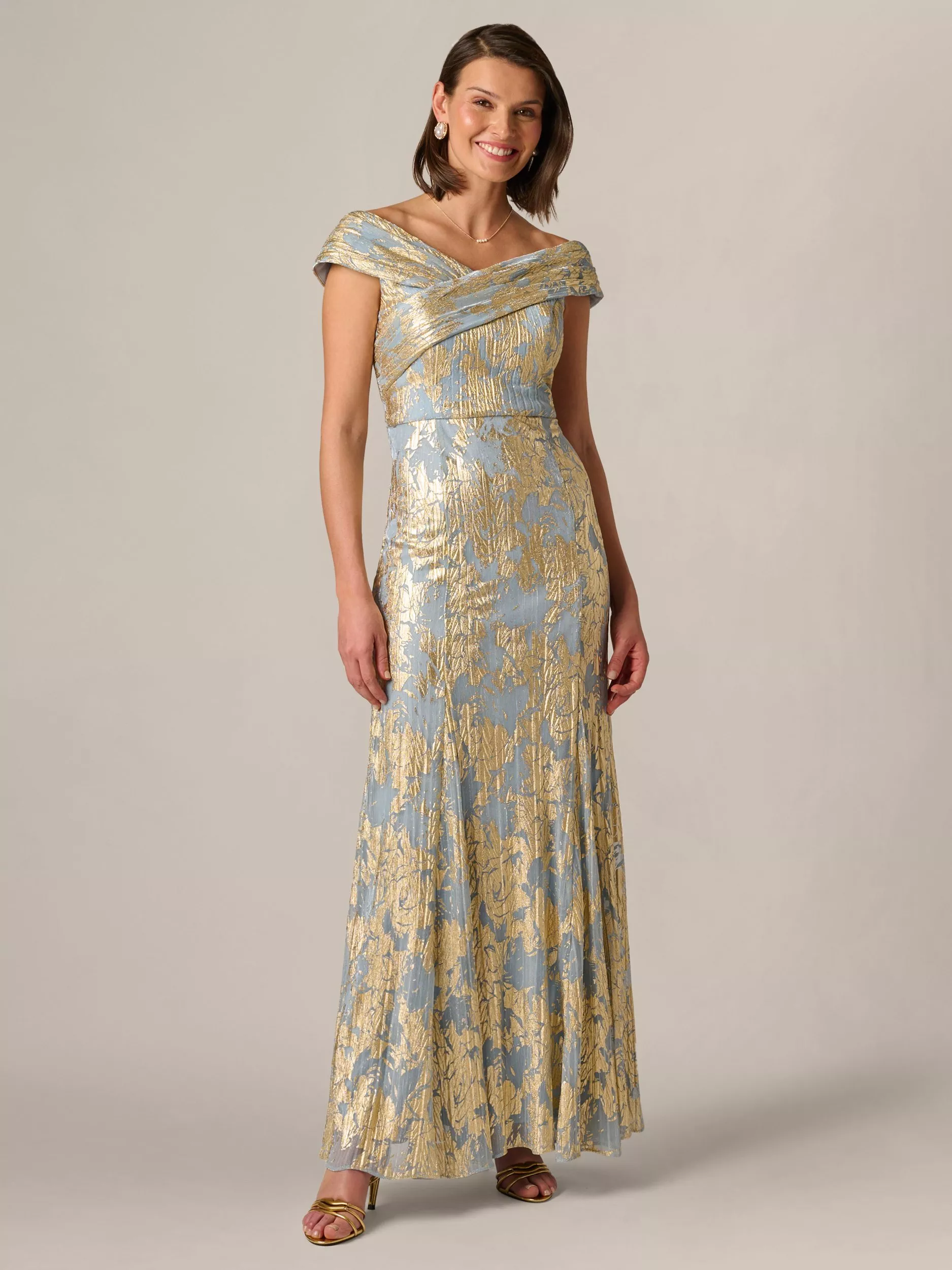 adrianna papell foil asymmetric maxi dress sage gold Light Green Long Sleeve Foil Short Wrap Dress