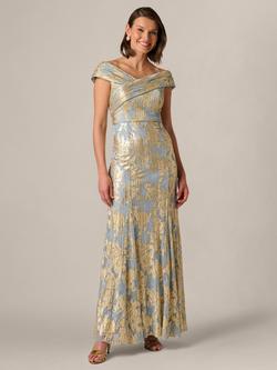 Adrianna Papell Foil Leaf Maxi Dress, Light Blue/Gold, Light Blue/Gold