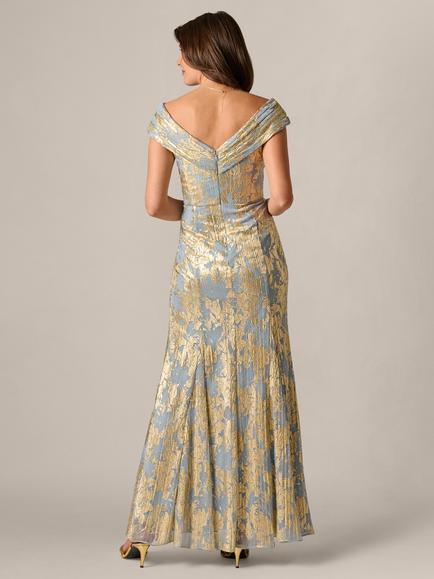 Adrianna Papell Foil Leaf Maxi Dress, Light Blue/Gold - view 2, Light Blue/Gold