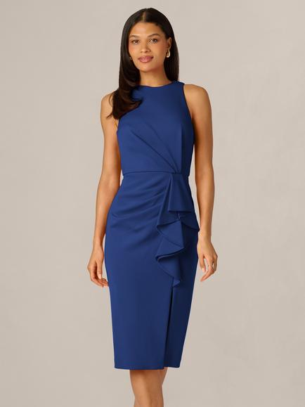 Adrianna Papell Petite Halterneck Ruffle Sheath Dress, Navy, Navy