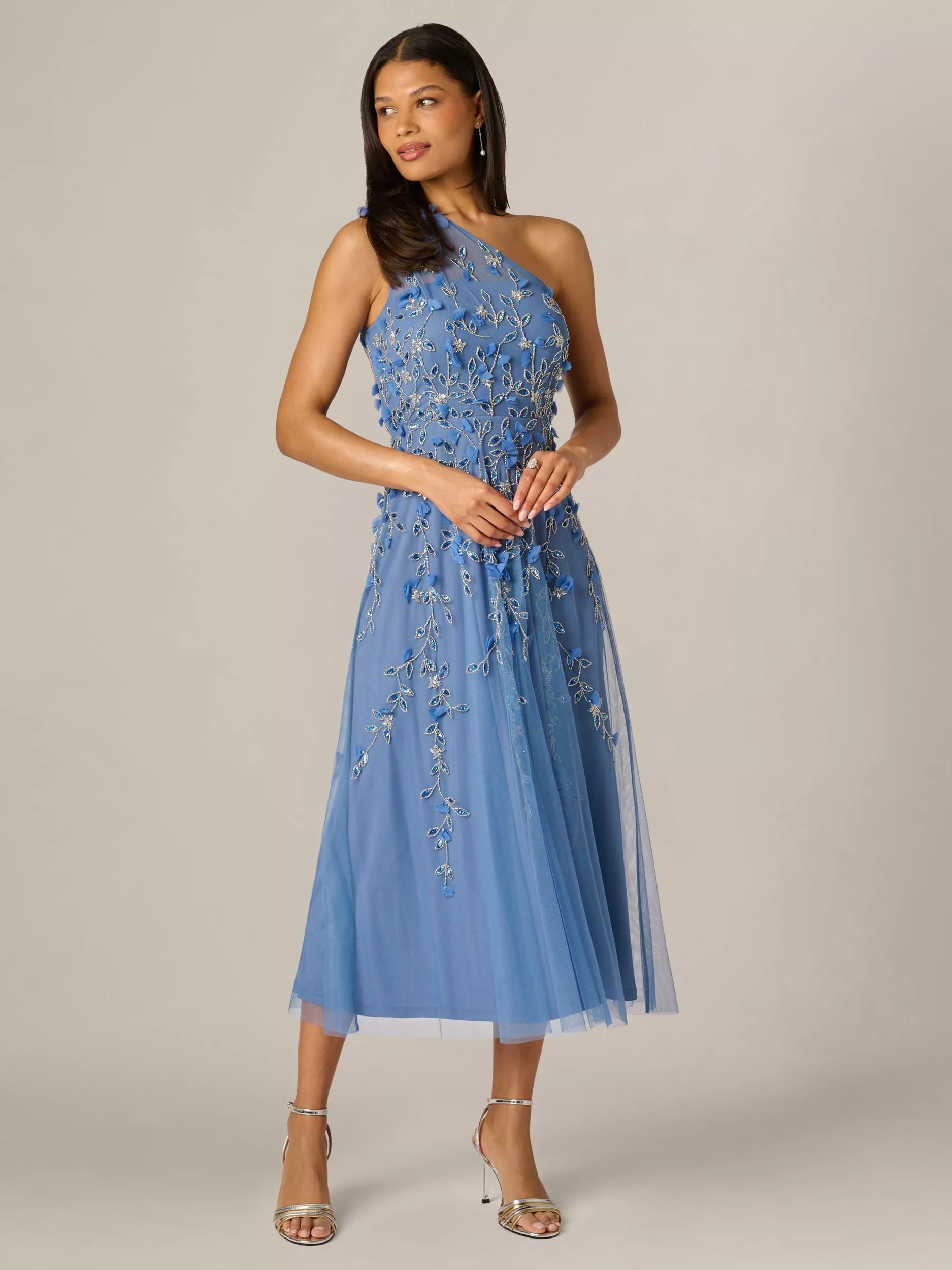 Adrianna Papell Beaded One Shoulder Midi Dress, French Blue