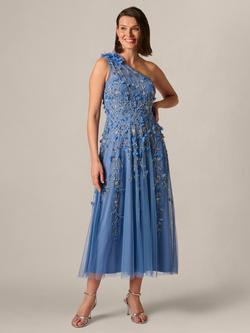 Adrianna Papell Beaded One Shoulder Midi Dress, French Blue, French Blue