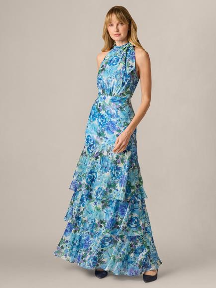 Adrianna Papell Petite Floral Glazed Chiffon Maxi Dress, Blue/Multi, Blue/Multi