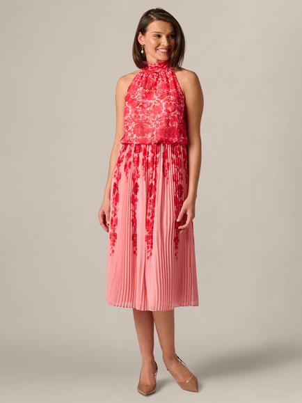 Adrianna Papell Halterneck Floral Midi Dress, Pink/Multi, Pink/Multi