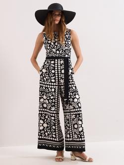 Phase Eight Petite Cyra Floral Wide Leg Jumpsuit, Black/Ivory, Black/Ivory