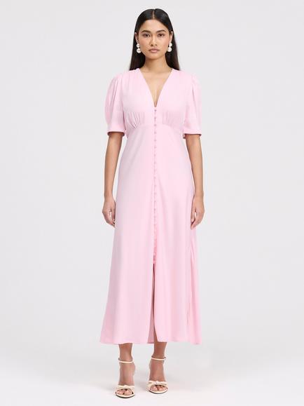 Ghost Madison V-Neck Satin Midi Dress - view 2, Pale Pink
