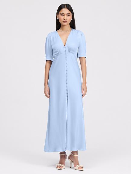 Ghost Madison V-Neck Satin Midi Dress, Blue