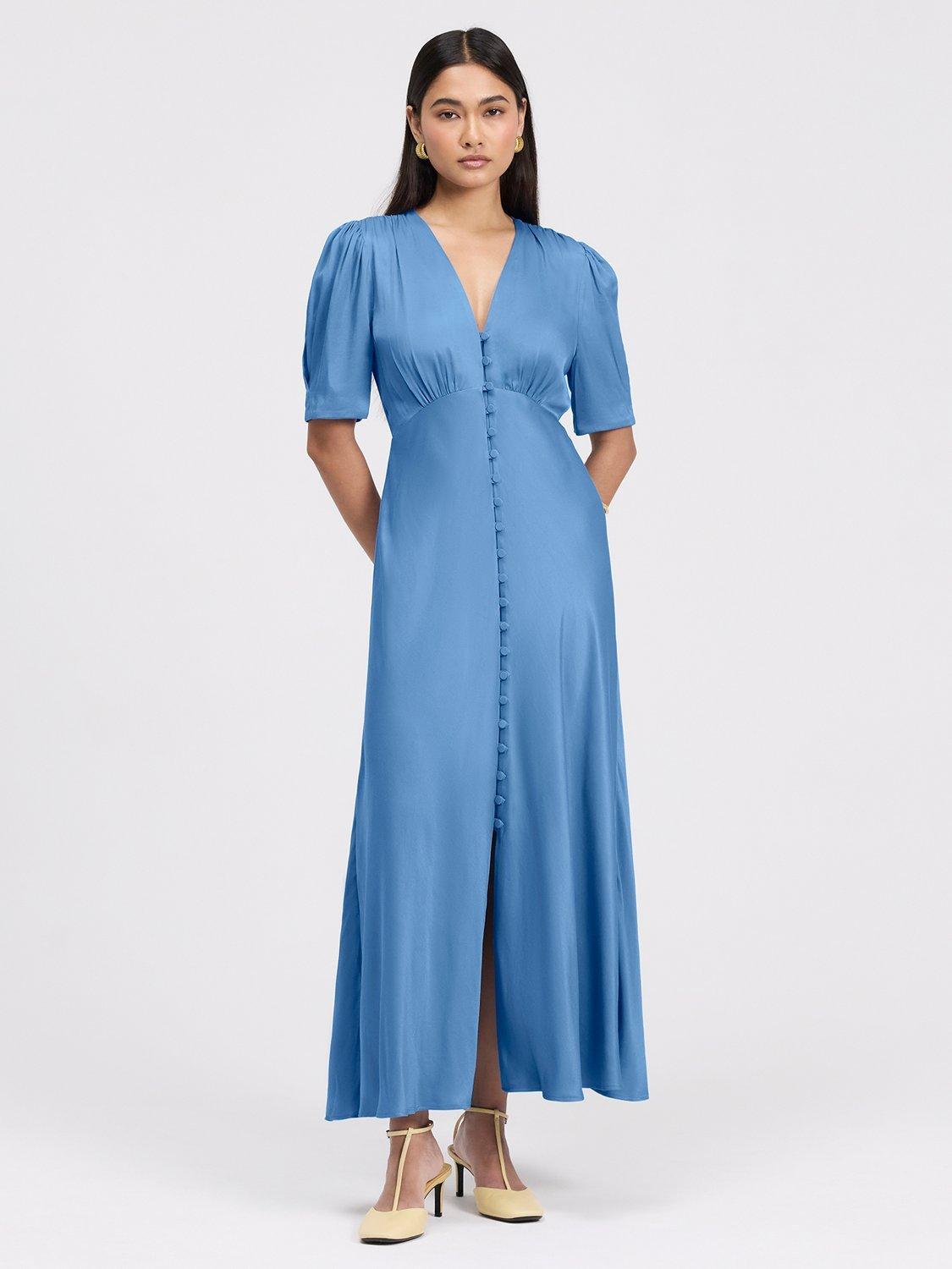 Ghost Madison V-Neck Satin Midi Dress, Chambray Blue