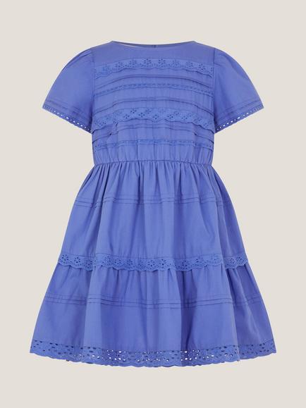Monsoon Kids' Broderie Tiered Dress, Blue, Blue