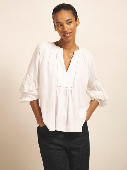 NRBY Jessie Poplin Lace Trim Top, White, White