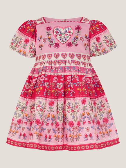 Monsoon Baby Heart Embroidered Floral Print Dress, Pink, Pink