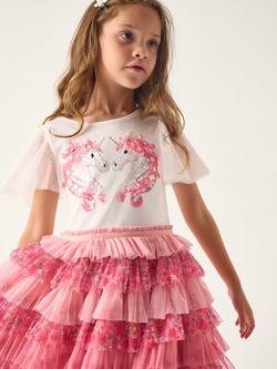 Monsoon Kids' Sequin Unicorn Ruffle Tiered Dress, Pink, Pink