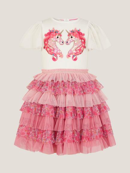 Monsoon Kids' Sequin Unicorn Ruffle Tiered Dress, Pink - view 2, Pink