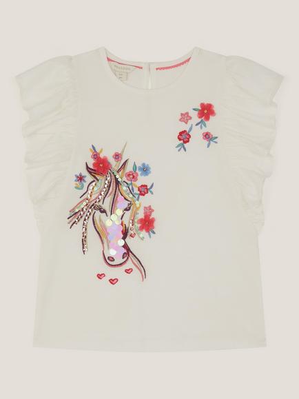 Monsoon Kids' Embroidered Unicorn Ruffle T-Shirt, Ivory, Ivory