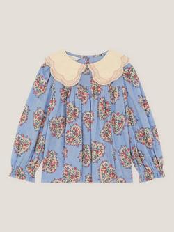 Monsoon Kids' Heart Print Scallop Blouse, Blue, Blue