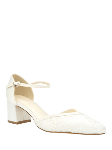 Paradox London Charla Satin and Lace Block Heel Wedding Court Shoes, Ivory - view 2, Ivory