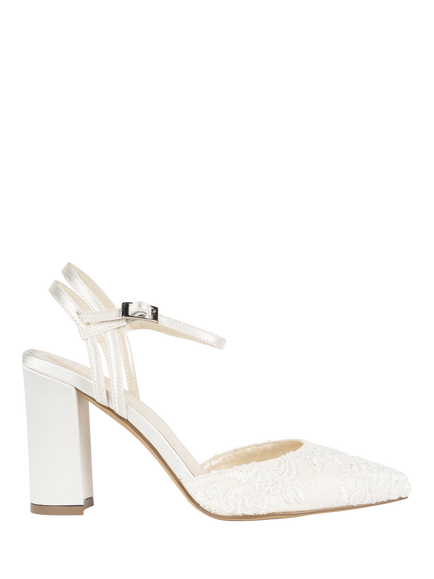 Paradox London Fauna Satin and Lace High Block Heel Wedding Court Shoes, Ivory, Ivory