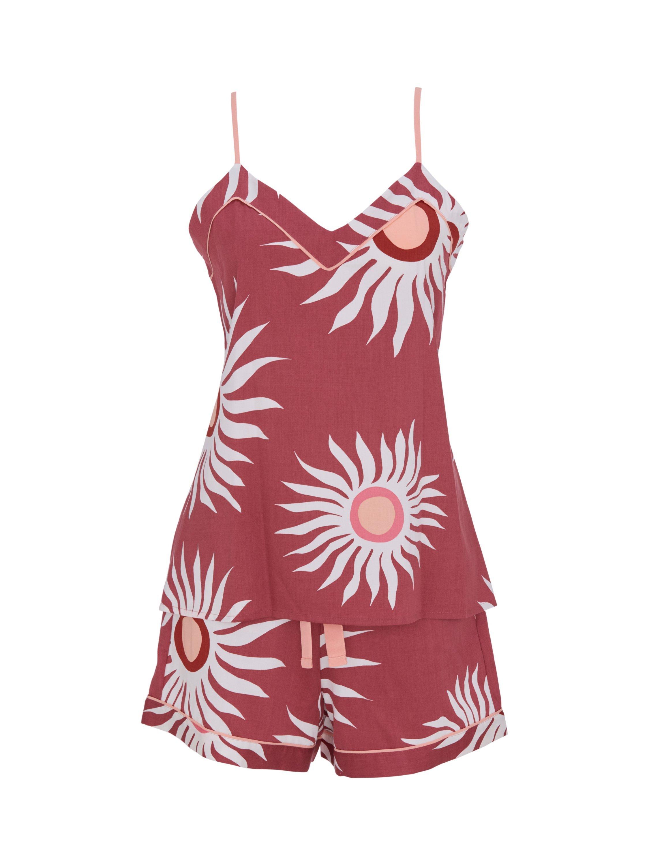 Product image 4 of 4, which shows Fable & Eve Rosebery Abstract Sun Print Cami Short Pyjama Set, Terracotta, 8