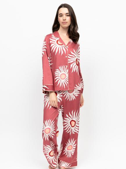 Fable & Eve Rosebery Abstract Suns Button Down Long Pyjama Set, Terracotta, Terracotta