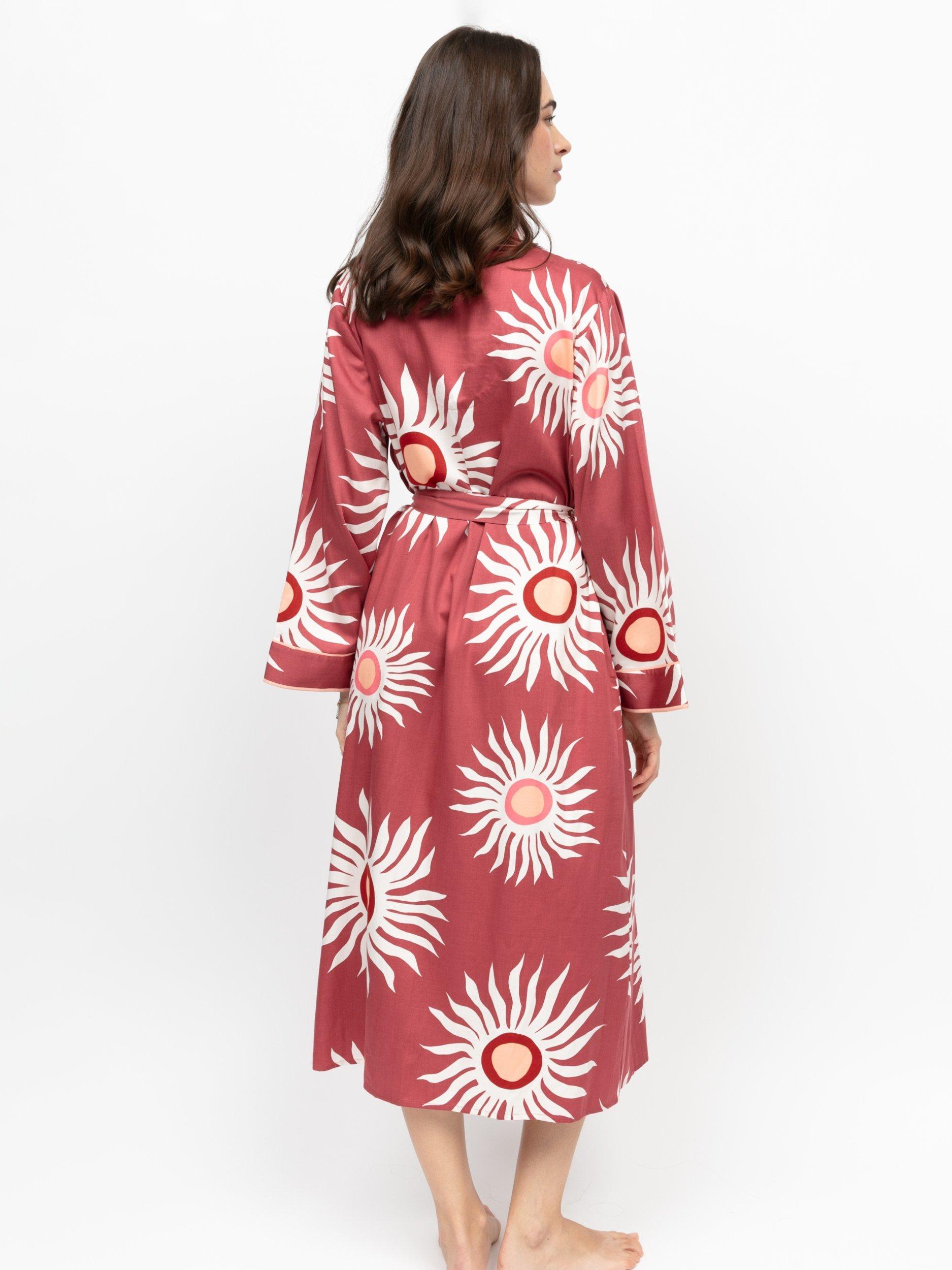 Product image 2 of 3, which shows Fable & Eve Rosebery Abstract Sun Print Dressing Gown, Terracotta, 8