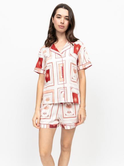 Fable & Eve Postcard Collage Button Down Short Pyjama Set, Cream, Cream