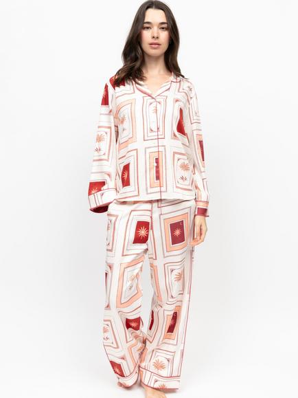 Fable & Eve Postcard Collage Button Down Long Pyjama Set, Cream, Cream