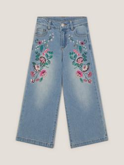 Monsoon Kids' Floral Embroidered Wide Leg Jeans, Blue, Blue