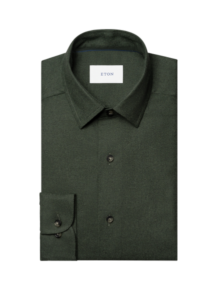 Eton Cotton Regular Fit Flannel Shirt, Dark Green - view 2, Dark Green