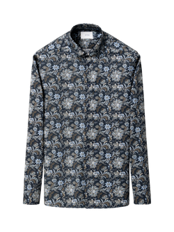 Eton Cotton Regular Fit Signature Twill Wrinkle-Resistant Floral Shirt, Dark Blue, Dark Blue