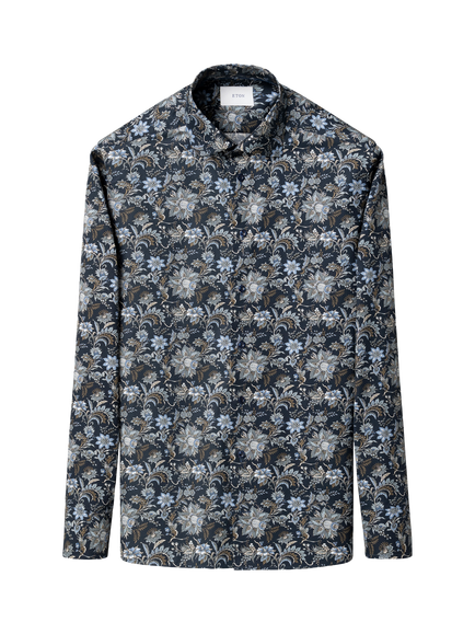 Eton Cotton Regular Fit Signature Twill Wrinkle-Resistant Floral Shirt, Dark Blue, Dark Blue