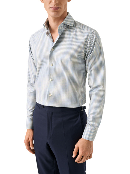 Eton Cotton Regular Fit Fine Twill Check Dress Shirt, Blue, Blue