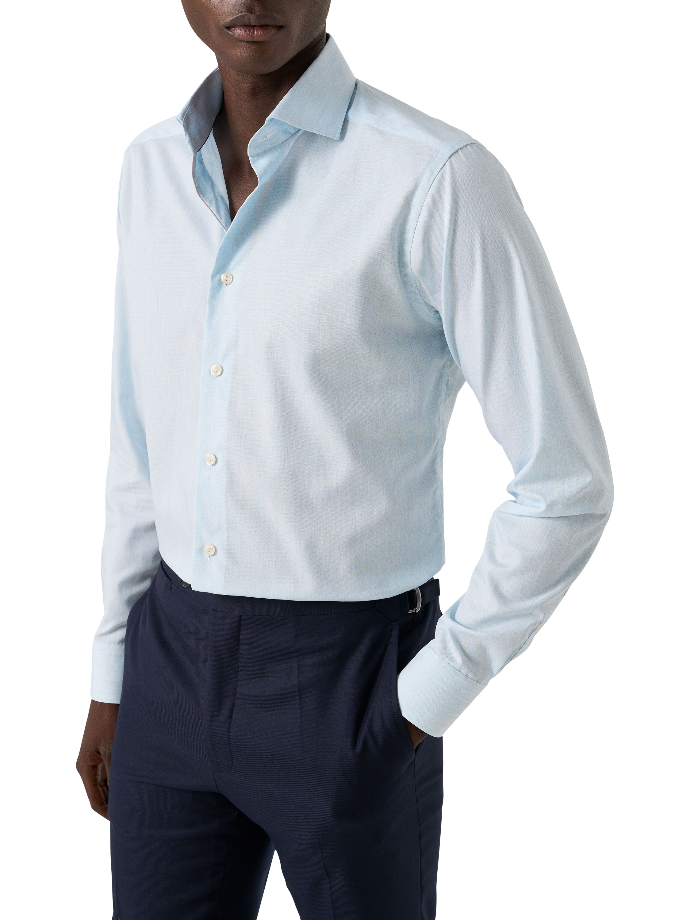 Product image 1 of 8, which shows Eton Cotton Regular Fit Diagonal Textured Shirt, Light Blue, 14.5