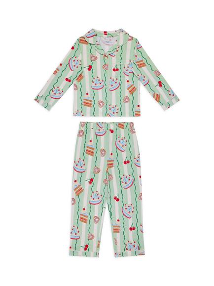 Chelsea Peers Kids' Cake Print Button Down Long Pyjama Set, Turquoise/Multi, Turquoise/Multi