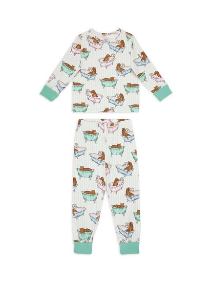 Chelsea Peers Kids' Bubble Bath Leopards Jersey Long Pyjama Set, Green/Multi, Green/Multi