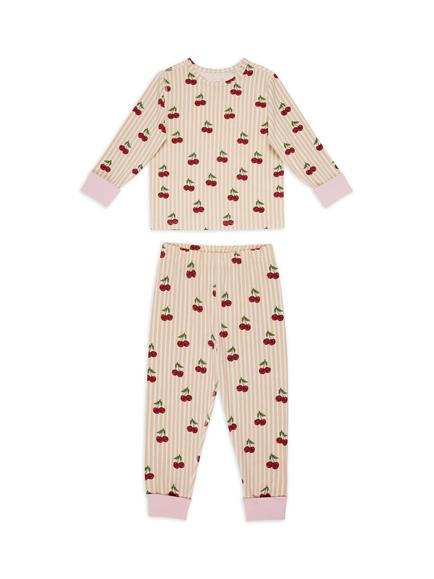 Chelsea Peers Kids' Cherry Stripe Jersey Long Pyjama Set, Off White/Multi, Off White/Multi