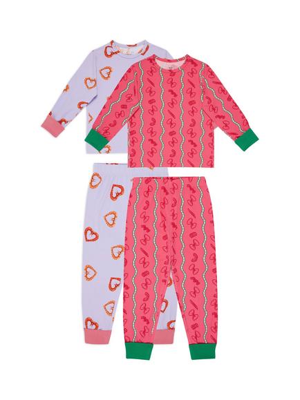 Chelsea Peers Kids' Pasta Stripe/Shrimp Heart Jersey Long Pyjama Set, Pack of 2, Multi, Multi