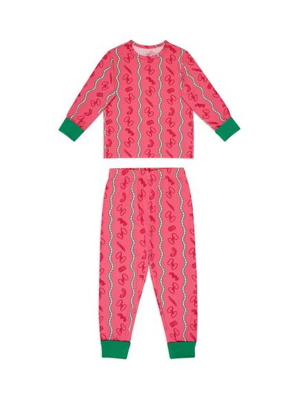 Chelsea Peers Kids' Pasta Stripe/Shrimp Heart Jersey Long Pyjama Set, Pack of 2, Multi - view 2, Multi