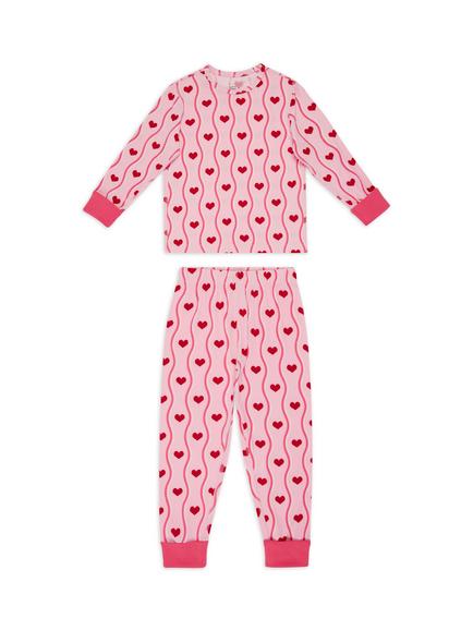 Chelsea Peers Kids' Wavy Stripe Heart Jersey Long Pyjama Set, Pink/Red, Pink/Red