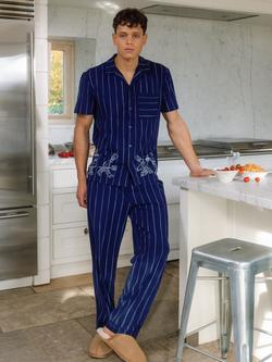 Chelsea Peers Chef Stripe Print Short Sleeve Pyjama Set, Navy, Navy