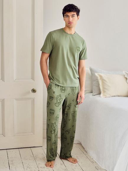 Chelsea Peers Daily Grind Print T-Shirt Pyjama Set, Khaki, Khaki