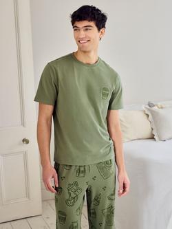 Chelsea Peers Daily Grind Print T-Shirt Pyjama Set, Khaki - view 2, Khaki