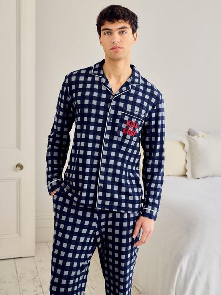 Chelsea Peers Stretch Cotton Kiss the Chef Check Pyjama Set, Navy - view 2, Navy