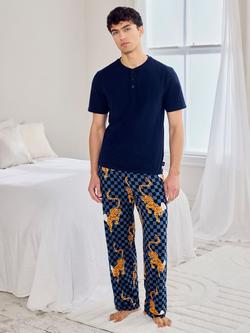 Chelsea Peers Leopard Chef Print Henley T-Shirt Pyjama Set, Navy, Navy